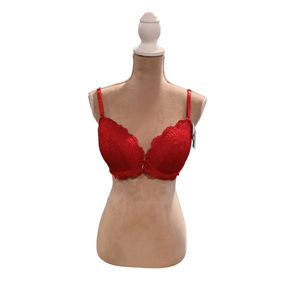 Smart & Sexy Red Lace Push Up Bra Underwire Padded 38B Floral Scalloped Trim